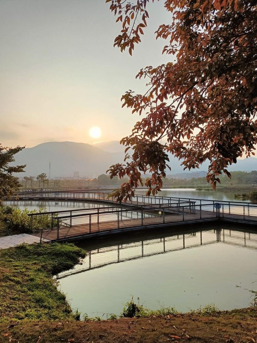 想要秋天露营,漳州云霄的南湖公园和乌山天池是绝佳选择,夕阳下的美景